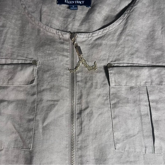 Ellen Tracy linen Large popover top Shirt Olive ling line rolled Sleeves 1/2 Zip - Picture 3 of 10